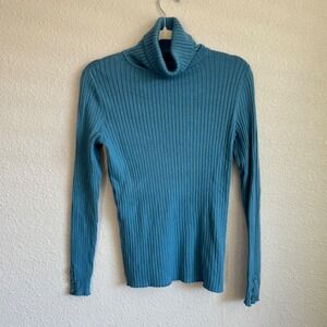 J.McLaughlin Womens Teal Blue Ribbed Turtleneck Sweater Button Cuff M Preppy